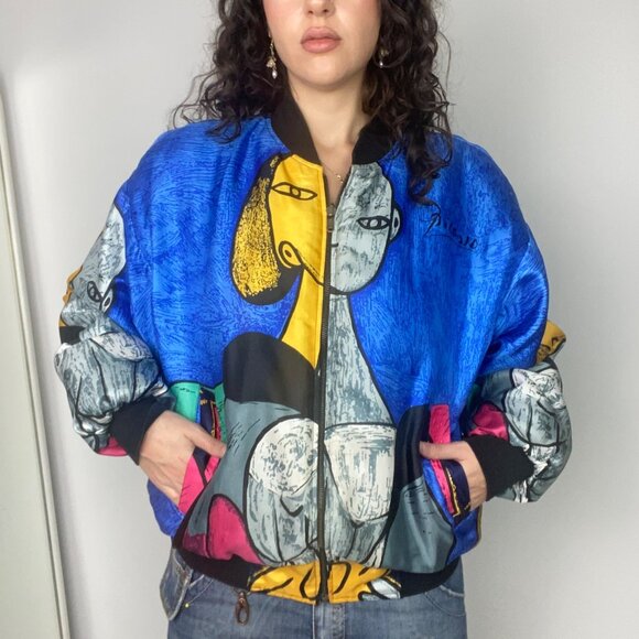 Vintage 90s Pablo Picasso Arts Satin Bomber Jacket - Picture 1 of 4